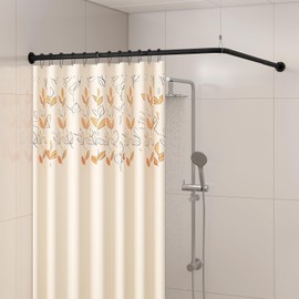 Yampos L Shaped Corner Shower Curtain Rod, 39" - 69" x 55" - 85" Adjustable 90 Degree Curved Bathroom Rod Square Rail No Sag with 12 Hooks & Ceiling Support - Black