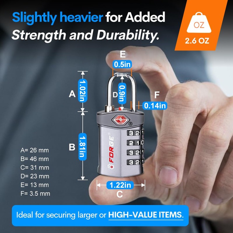 Forge 4-Digit Combination Lock, TSA Approved Locks for Luggage, Travel,
