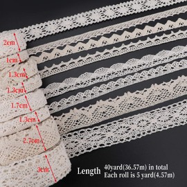 AIEX 40 Yards 8 Styles Cotton Lace Trim Vintage Lace Ribbon Assorted Pattern Crochet Lace Scalloped Edge for Wedding Decoration Gift Packaging DIY Sewing, 5 Yards/Roll (Beige)