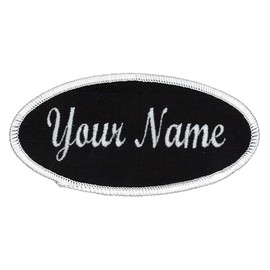 Oval Name Patch Uniform Work Shirt Custom Embroidery, Black/White Border Script, Sew On