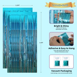 Streamers Party Decorations:Blue Tinsel Foil Fringe Curtains-3.25x6.5 FT Metallic Holiday Photo Booth Backdrop for Parties,Door Streamers,Glitter Streamer Fringe Backdrop for Birthday Decoration 2 PCS