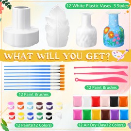 Hushee 12 Set Paint Your Own Vases DIY Art Craft Project Unpainted White Plastic Vases 12 Paints 12 Color Air Dry Clay Painting Kit Ready to Paint for Spring Birthday Party Activity Gift Home Decor