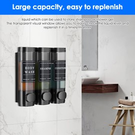 DEECOZY Shampoo and Conditioner Dispenser, 300ML Shower Soap Dispenser, 3 Chamber No Drill Wall-Mounted Shampoo Dispensers, Body Wash Dispensers for Bathroom Hotel Kitchen Black