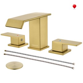 Brushed Gold Bathroom Faucet 3 Hole, OMEKNTOP 8 Inch Waterfall Gold Bathroom Faucet with Overflow Pop Up Drain and cUPC Hose, Two Handle Bathroom Sink Faucet for Basin Lavatory Vanity