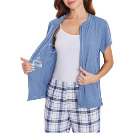 Deyeek Mastectomy Shirts with Drain Pockets Post Shoulder Surgery Tops for Women Chemo Port Short Sleeve with Zippers