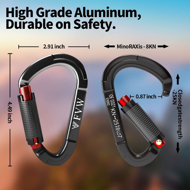 FVW 5Pack Heavy Duty Climbing Carabiners, 25KN UIAA Certified Auto