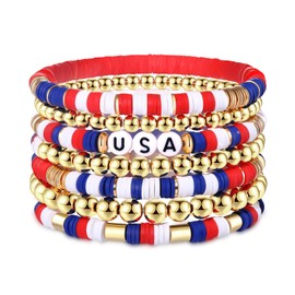 4th of July Bracelet Set for Women - Stack Red White Blue Friendship Stretch Bracelets Gold Beaded USA Bracelets American Flag Patriotic Stackable Bracelets Bulk Fourth of July Indenpendence Day Gift