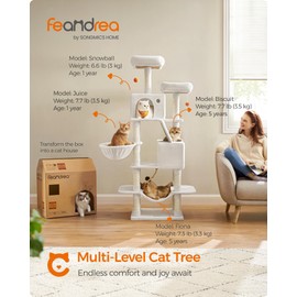 Feandrea Cat Tree, 66.1-Inch Large Cat Tower with 13 Scratching Posts, 2 Perches, 2 Caves, Basket, Hammock, Pompoms, Multi-Level Plush Cat Condo for Indoor Cats, Cream White UPCT165T01