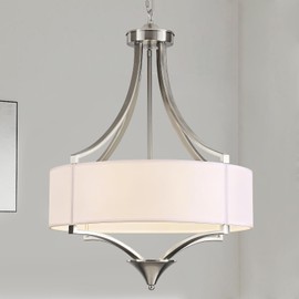6-Light Brushed Nickel Chandelier 19.7" Modern Drum Chandeliers for Dining Room Light Fixture with White Fabric Shade Large Pendant Lighting for Kitchen Island Living Room Bedroom Foyer Over Table,E26
