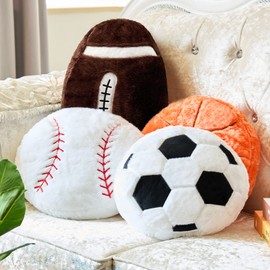 Juexica 4 Pcs Sports Throw Pillows Fluffy Stuffed Soccer Basketball Baseball Pillow Plush Toy Sport Cushion for Room Decor Birthday Present(Medium,Plush)