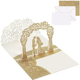 Wedding Pop-up Card Set, 3D Greeting Anniversary Romantic Congratulations with Envelope for Bride and Groom Valentine's Day Engagement Party Supplies (Gold)
