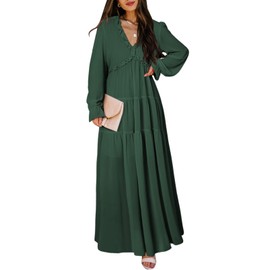 BLENCOT Womens Casual Boho Floral V Neck Long Sleeve Long Evening Dress Maxi Wedding Dresses Printed Solid Dark Green S