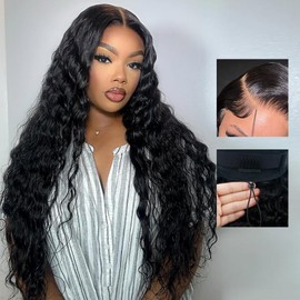 Goulus 7x6 Deep Wave Glueless Wigs Human Hair Pre Plucked Pre Cut 250% Density Drawstring Wig Human Hair Wear and Go Glueless Wigs for Black Women Natural Color #1B 22 Inch