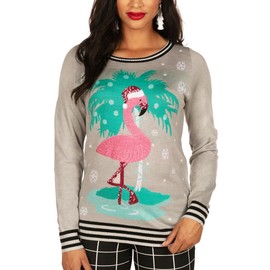 Tipsy Elves Women's Christmas Sweaters - Women's Ugly Christmas Sweaters - Embellished Winter Holiday Pullovers, Sequin Flamingo (White Pink), X-Small