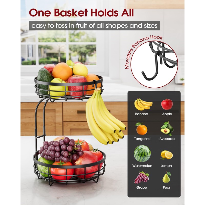 Sakugi Fruit Basket for Kitchen Counter - 2-Tier Large Capacity