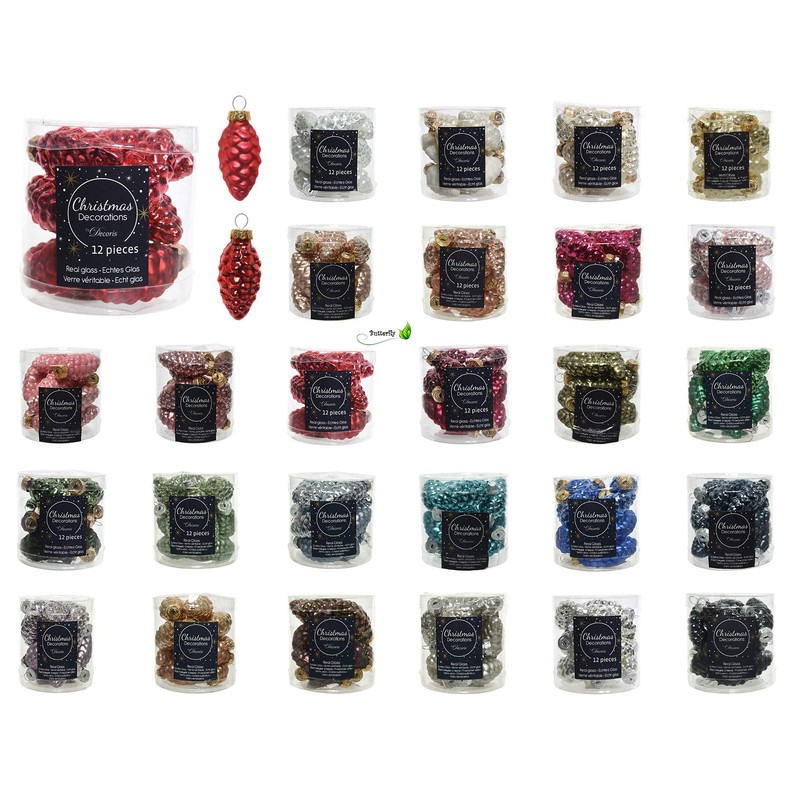 Christmas Decorations 12 Christmas Baubles, Glass, 6 cm, pine cone-shaped.