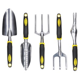 Garden Tools Set 5 Piece Hand Tool Gift Kit For Planting Digging Weeding Hand Trowel, Transplanter, Weeder, Hand Cultivator, Fork, Gardening Gifts for Women & Men TOUGH MASTER