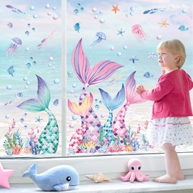 decalmile Mermaid Tail Window Clings Under The Sea Mermaid Bubble Seaweed Window Decals Anti-Collision Glass Window Doors Window Stickers