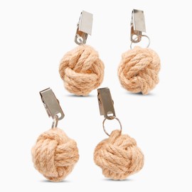Whole House Worlds Nautical Knot Table Cloth Weights, Set of 4, Jute, Monkey Fist Tied, Silver Metal Clip Hangers, 1.75 D Inches.25 lbs, Outdoor Dining Accessory