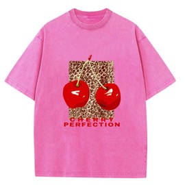 Women's Oversized T Shirts Vintage Cherry Print Leopard Graphic Tee Casual Washed Streetwear Baggy Cotton Tops(Pink-M)