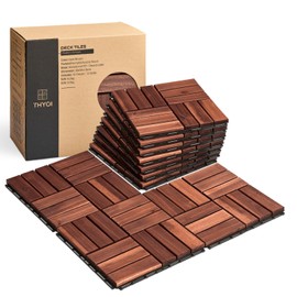 THYOI Premium Deck Tiles, Patio Flooring - Set 10 Pcs 12”x12”x0.9” Interlocking Deck Tiles, Waterproof Acacia Wood for Balcony, Backyard, Indoor & Outdoor (Brown, Crossed Pattern, Square Joints)