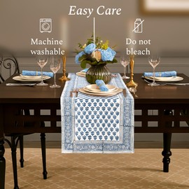 CPC - Camino de mesa de algodón de 16 x 60 pulgadas con estampado de bloques para mesa de comedor, mesa de tarjetas, mesa de centro, boda, granja y barbacoa al aire última intervensión, color azul