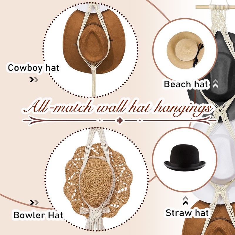 Yulejo Macrame Hat Hangers Boho Hat Rack for Wall Western