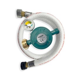 Cozze® Gas Pressure Regulator with Pressure Gauge 28 mbar - Specially Designed for France - Flexible Hose 1.1 m - Leak Protection - Adapter 1/4" to 1/2" - Compatible with Pizza Ovens Cozze®