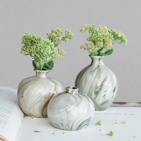 Creative Co-Op Decorative Stoneware Vases with Marbled Designs, Green, Set