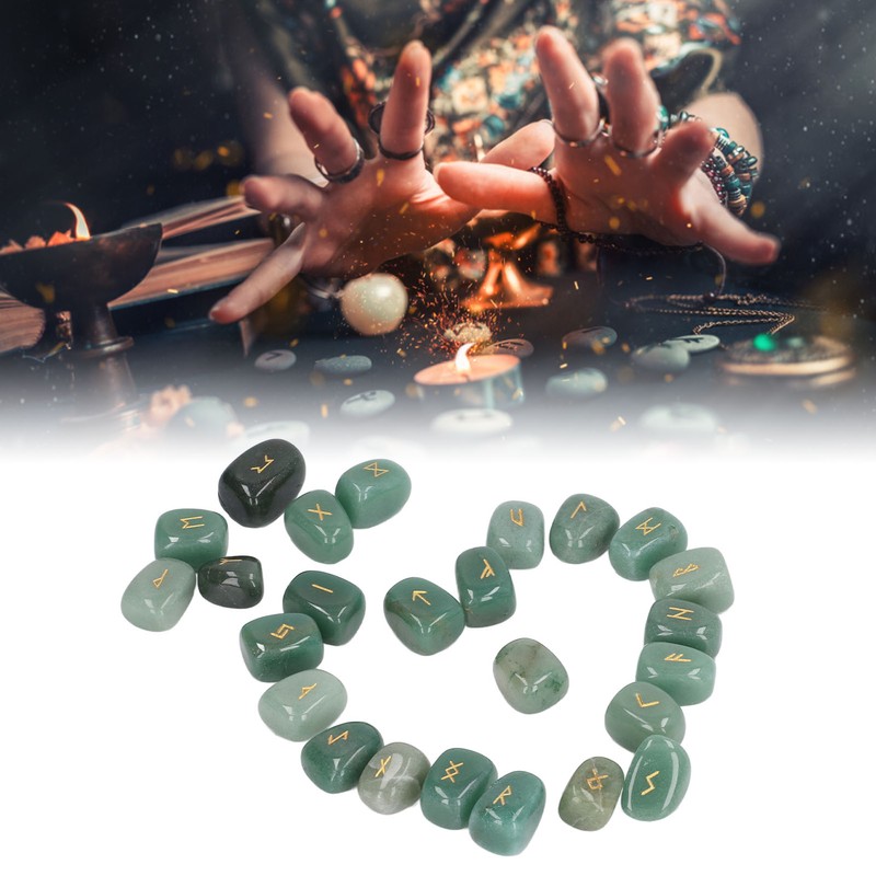 25pcs Rune Stones Set Hand Carved Polished Green Aventurine Portable