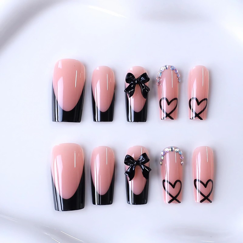 BABALAL Press on Nails Long Square Fake Nails Black French