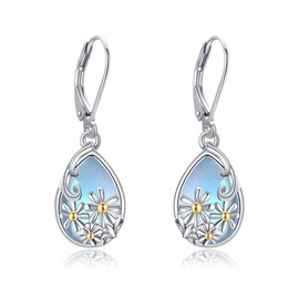 Daisy Leverback Earrings S925 Sterling Silver Daisy Moonstone Stud Earrings Daisy Earrings Daisy Jewellery Gift for Women Ladies Wedding, Sterling Silver, Moonstone