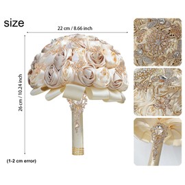 QingForBesty Handmade Floral Satin Rose Butterfly Shape Rhinestone Bridal Bouquet Luxury Golden Rhinestone Artificial Flowers for Wedding