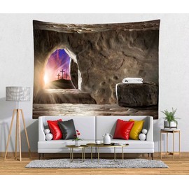 BELECO Jesus Easter Tapestries Backdrop Crucifixion Resurrection of Jesus Christ Wall Hanging Mountain Tomb Cave Tapestry Christian Church Salvation Cross Home Wall Decor for Bedroom Living Room