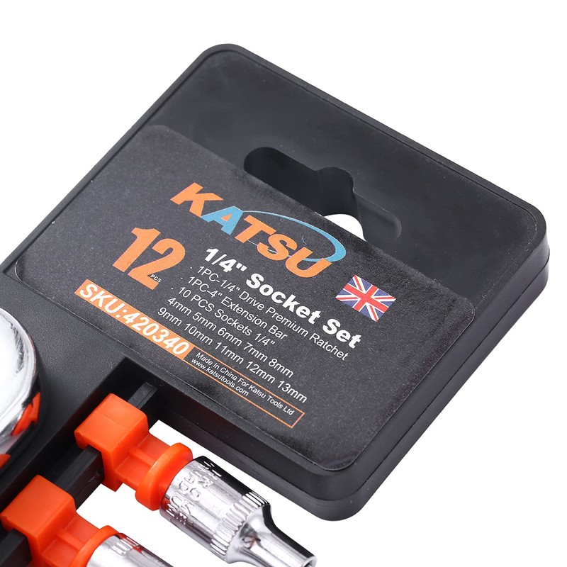 KATSU 1/4 Inch Socket Set 12Pcs, 4-13mm Metric Drive with