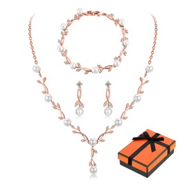 Toplstud Wedding 925 Jewellery Set Silver Women's Necklace Bracelet Earrings in the Shape of a Leaf with Pearls and Zirconia, Wedding Anniversary Gifts for Bride Women, Sterling Silver