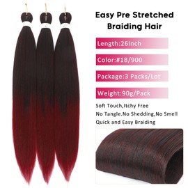 Ombre Braiding Hair 3 Packs 1b/900 Burgundy Braiding Hair Pre Stretched Hot Water Setting Professional Synthetic Braids for Crochet Hair Extensions(26inch 3Packs #1b/900)