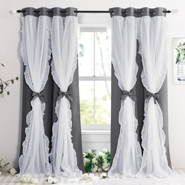 PONY DANCE Blackout Curtains for Living Room Decor Window Treatment Double Layer Drapes Ruffle Sheer Overlay Farmhouse Rustic Design, W 52 x L 84 Inches, Grey, 2 Panels