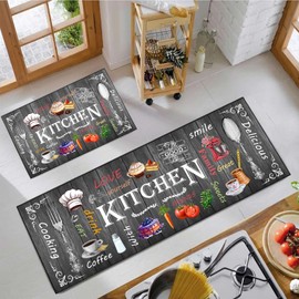 AYHQQHA Kitchen Mats for Floor 2 Piece Set,Farmhouse Kitchen Rug Vintage Style Theme Decor,Absorbent Washable Non-Slip Floor Mats 17x30+17x47 Inches