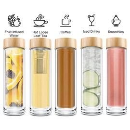 COMI Tea Bottle, 14 oz, Borosilicate Glass, Double Wall, Infuser & Strainer, Bamboo Lid, 400ml