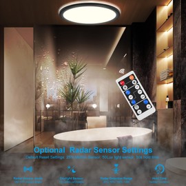 RDGOOD Sensor LED Ceiling Light Dimmable with Motion Sensor, 18 W 1800 LM Radar Sensor LED Ceiling Light, 3000 K/4500 K/6500 K Dimmable Sensor Lamp for Bathroom, Garage, Basement, Hallway, Balcony,