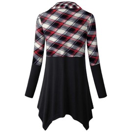 Cestyle Turtleneck Sweater Women, Misses Petite Tunics Long Sleeve Asymmetric Tops Plaid Colorblock A Line Flowy Pullover Sweater Buttons Trim Fall Clothes Red and Black Small