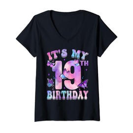 Womens It's My 19th Birthday Butterfly Theme 19 Year Old Party Girl V-Neck T-Shirt