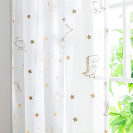 SEEKRIGHT Lindas cortinas transparentes de dinosaurio, cortinas de dinosaurio de dibujos animados para habitación de niños, cortinas de gasa blanca y dorada para dormitorio de niños, juegos de 63 pulgadas de largo, juego de 2 paneles