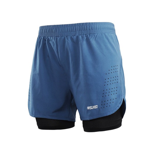 ARSUXEO Men's Active Training Running Shorts 2 in 1 Blue Size Medium