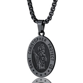 PROSTEEL Saint St Christopher Necklace Men Stainless Steel Patron Jewelry Mens Necklaces Black Medal Pendant
