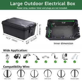 NineLeaf Large Waterproof Outdoor Electrical Box (12.5 x 8.5 x 5 Inch), IP54 Extension Cord Cover with 7 Cable Entries, Plug and Outlet Protector for Garden Holiday Lights, Black,5PK