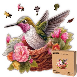 LEOGOR Wooden Puzzles for Adults - Glorious Hummingbird - (200 Piece, Medium, 13.5 x 11.3 in) - Colorful Mosaic of Flowers, Birds and Animal Shaped Wood Jigsaws