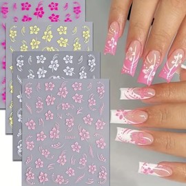 Irikdescia Pegatinas de Uñas 3D con Flores Hibiscus – Set de 8 Hojas de Stickers Autoadhesivos para Decoración de Uñas – Diseño Verano en Blanco, Rosa, Amarillo y Fucsia