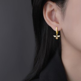 SLUYNZ 925 Sterling Silver Bee Earrings Hoop for Women Hoop Earrings Huggie Bumble Bee Earrings Drop (B-Gold)